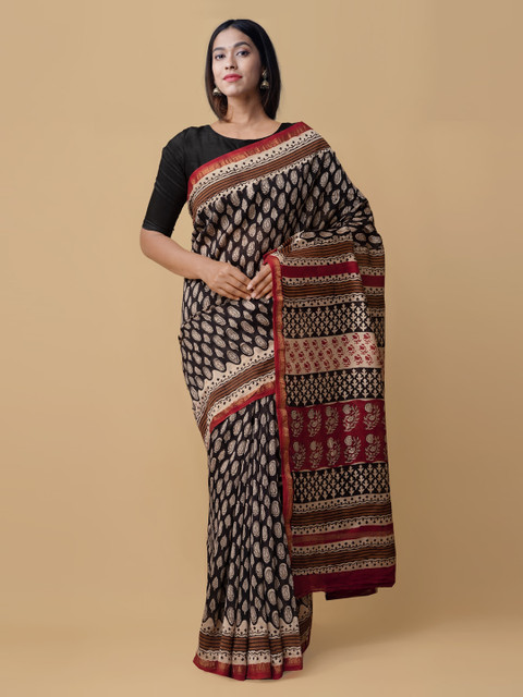 

Unnati Silks Black Silk Cotton Printed Chanderi Saree