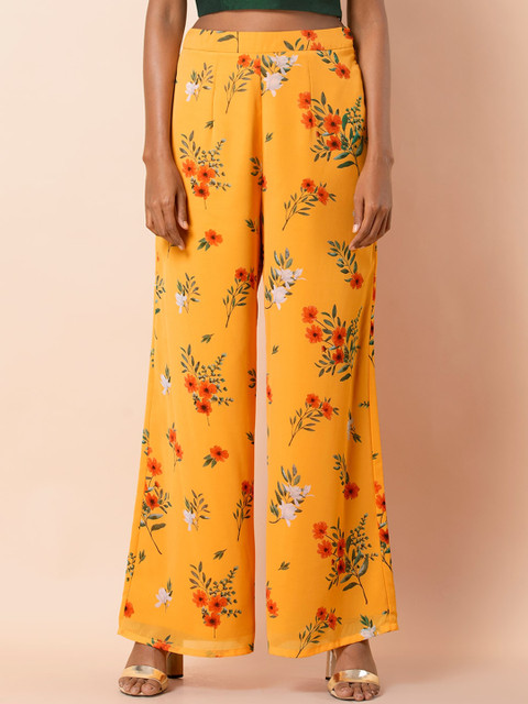 

INDYA Women Yellow & Red Floral Printed Wide Leg Palazzos