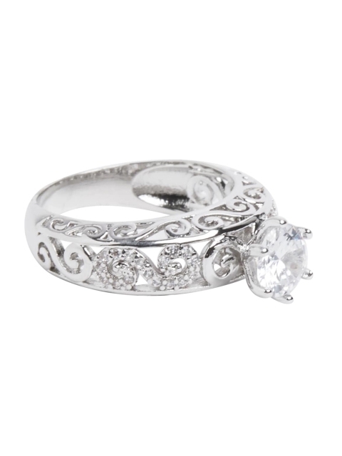 

shaze Silver-Toned & White CZ-Studded Rhodium-Plated Engraved Finger Ring