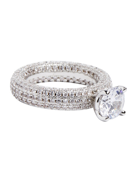 

shaze Rhodium-Plated Silver-Toned & White CZ-Studded Ornate Finger Ring