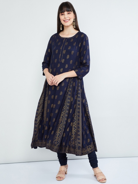 

max Women Blue Printed Kurta with Churidar & Dupatta
