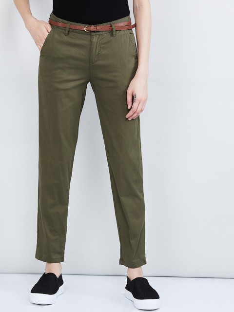 

max Women Olive Green Slim Fit Solid Regular Trousers