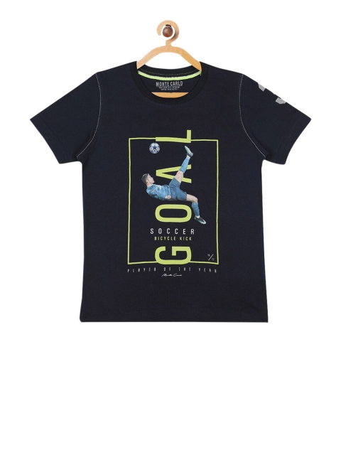 

Monte Carlo Boys Navy Blue & Yellow Printed Round Neck T-shirt