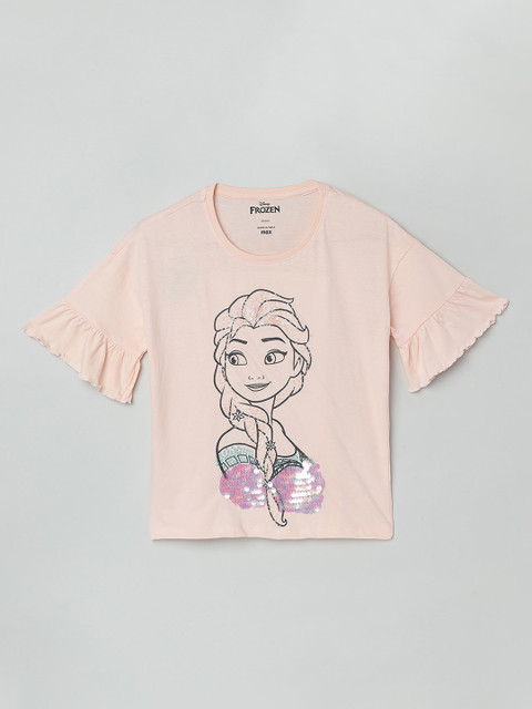 

max Girls Peach-Coloured Embellished Elsa Printed Top