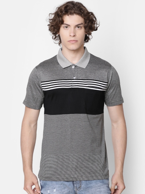 

IMYOUNG Men Grey & Black Striped Polo Collar Slim Fit T-shirt