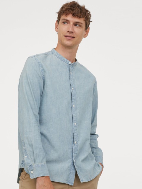 

H&M Men Blue Solid Denim Grandad Shirt