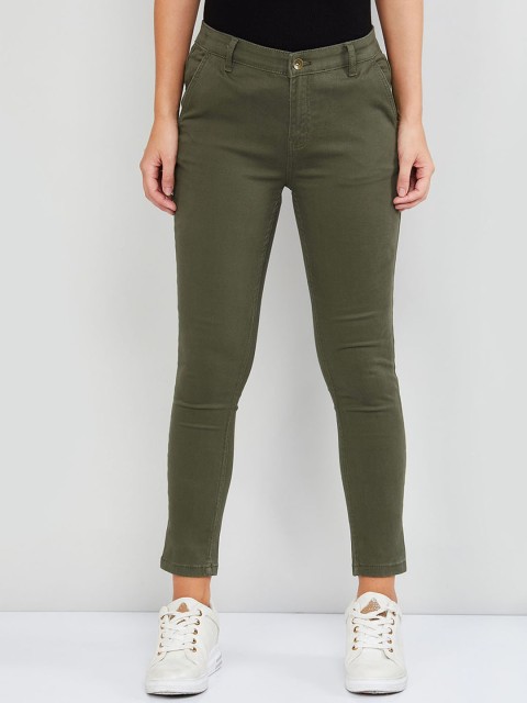 

max Women Olive Green Slim Fit Solid Regular Trousers
