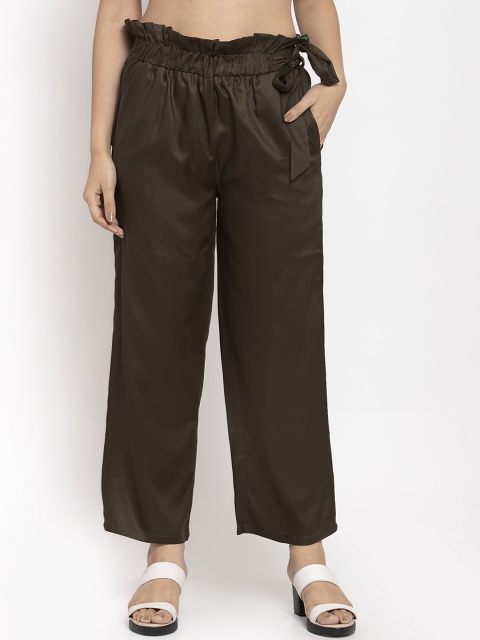 Baani Creations Women Olive Brown Smart Straight Fit Solid Peg Trousers