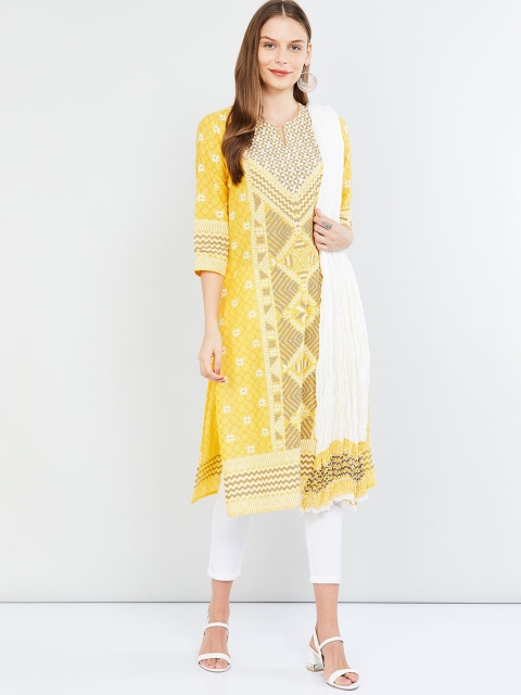 

max Women Yellow & Off-White Printed Kurta with Trousers & Dupatta