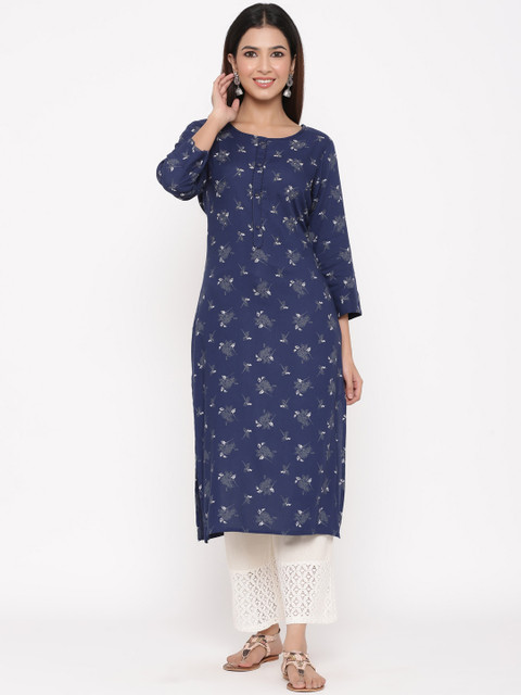 

Juniper Women Navy Blue & White Printed Straight Kurta