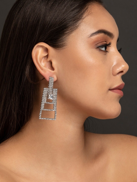

ELLE Silver-Plated Zircon Studded Geometric Drop Earrings