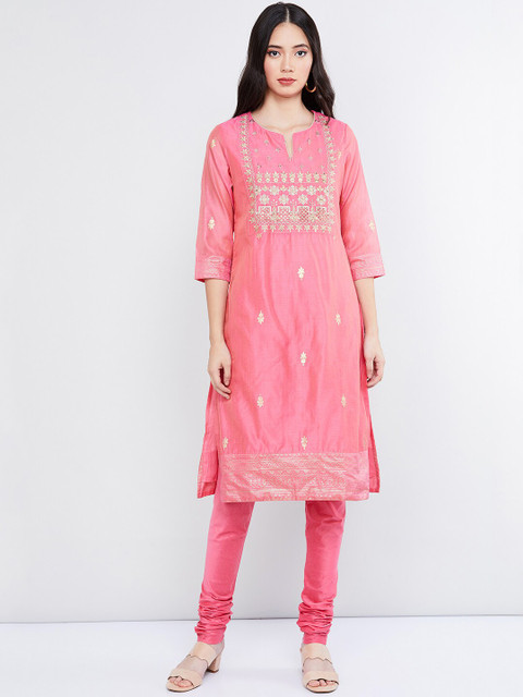 

max Women Pink Embroidered Kurta with Churidar & Dupatta