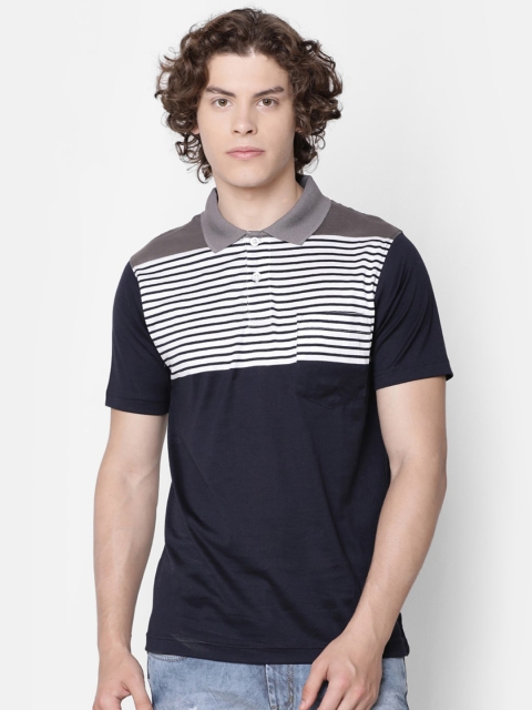 

IMYOUNG Men Navy Blue Striped Polo Collar T-shirt