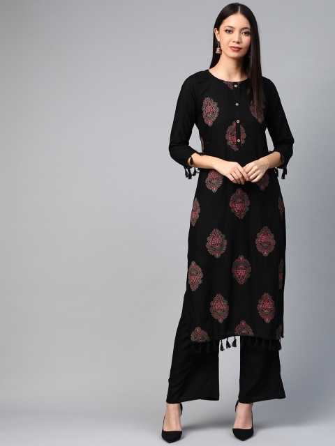 

ZIYAA Women Black & Pink Screen Print Straight Kurta