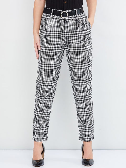 

max Women White & Black Slim Fit Checked Regular Trousers