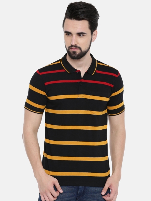 

IMYOUNG Men Black & Yellow Striped Polo Collar Slim Fit T-shirt