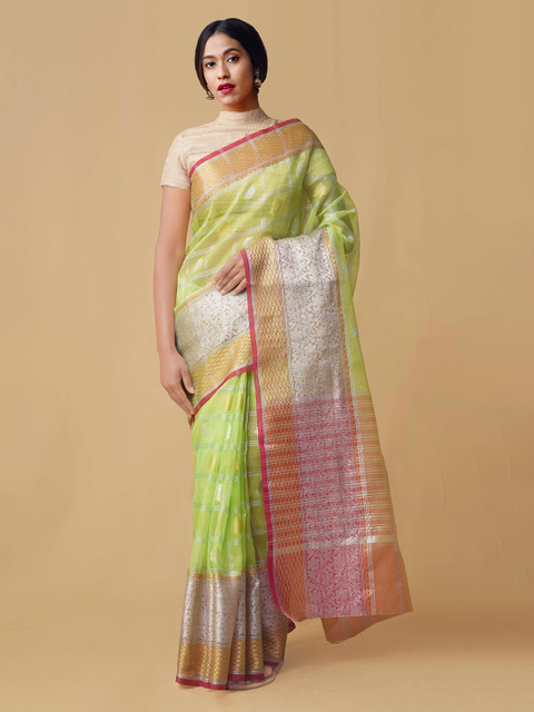 

Unnati Silks Green & Gold-Toned Silk Blend Woven Design Banarasi Saree