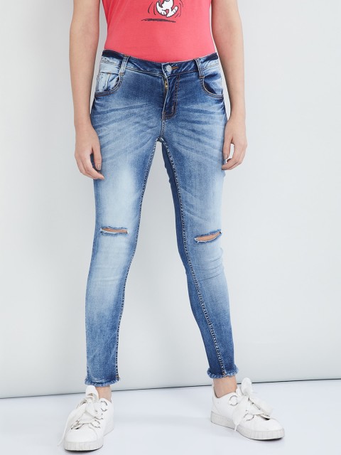 

max Women Blue Skinny Fit Mid-Rise Slash Knee Jeans