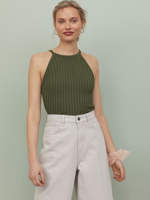 

H&M Women Olive Brown Ribbed Strappy Top