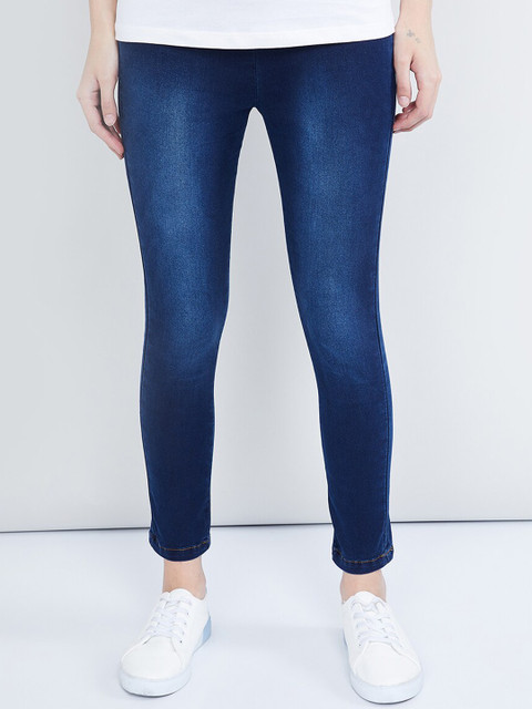 

max Women Navy Blue Solid Skinny-Fit Jeggings