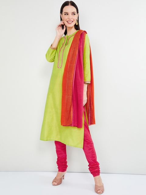 

max Women Lime Green & Pink Solid Kurta with Churidar & Dupatta