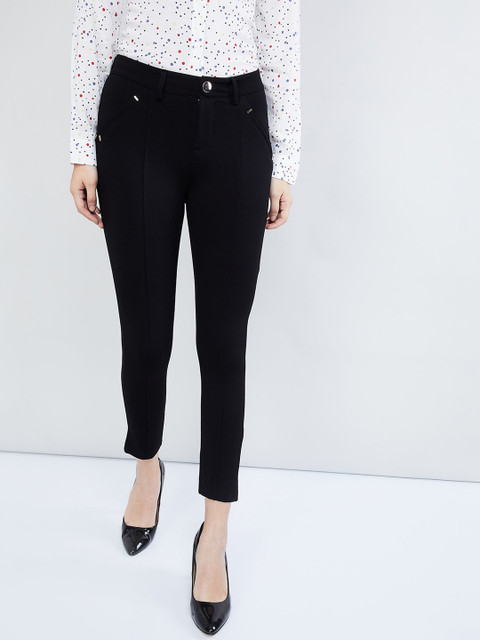 

max Women Black Slim Fit Solid Regular Trousers