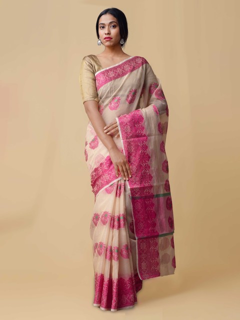 

Unnati Silks Cream-Coloured & Pink Silk Cotton Handloom Woven Design Kota Saree