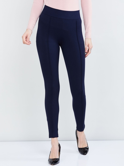 

max Women Navy Blue Solid Skinny-Fit Treggings