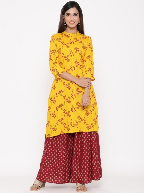 

Juniper Women Mustard & Maroon Printed A-Line Kurta