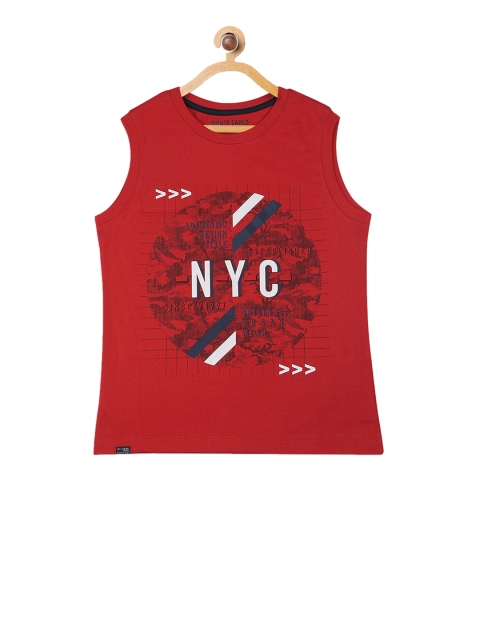 

Monte Carlo Boys Red & Navy Blue Printed Round Neck T-shirt