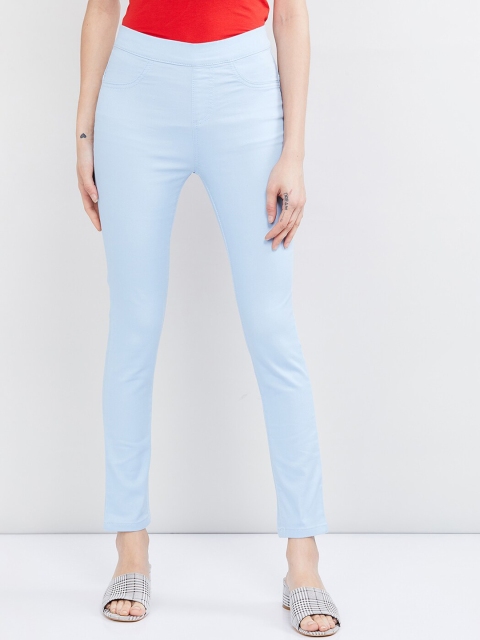 

max Women Blue Slim Fit Solid Regular Trousers