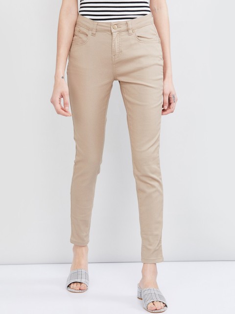 

max Women Beige Slim Fit Solid Regular Trousers