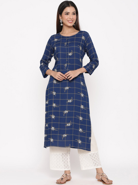 

Juniper Women Blue & Off-White Floral Checked Straight Kurta