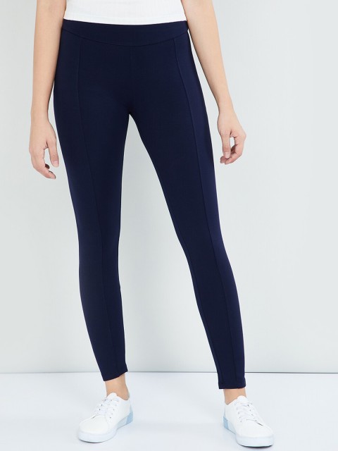 

max Women Navy Blue Solid Skinny-Fit Treggings