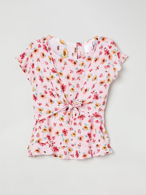 

max Girls Pink Floral Printed Cinched Waist Top