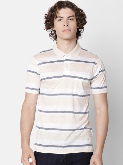 

IMYOUNG Men Beige & White Striped Polo Collar T-shirt
