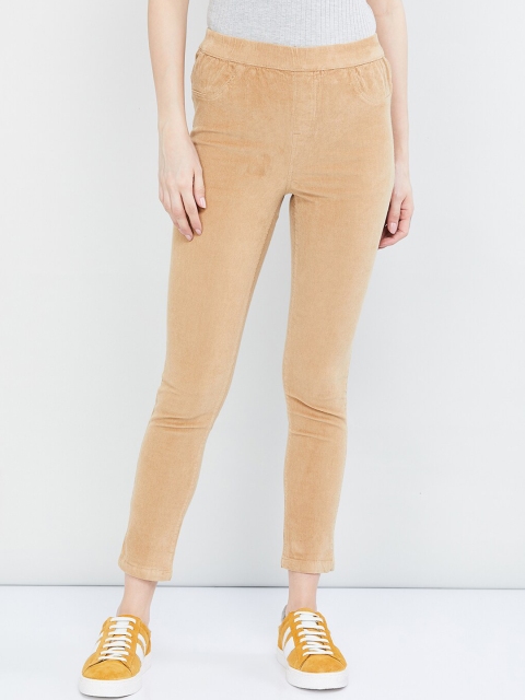 

max Women Beige Slim Fit Solid Regular Trousers