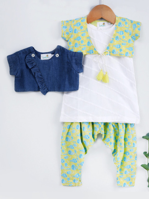 

Keebee Girls White Organic Cotton Sustainable Kurti with Yellow Printed Patiala & Shrugs