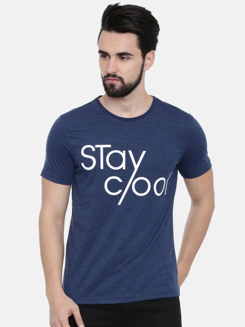 

IMYOUNG Men Navy Blue Printed Round Neck Slim Fit T-shirt