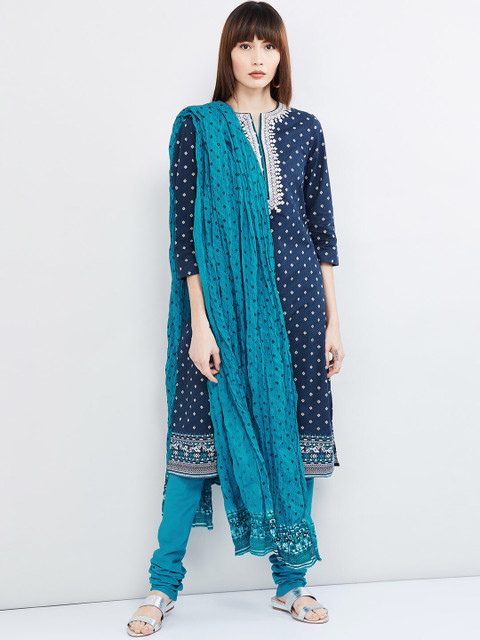 

max Women Navy Blue & Off-White Printed Kurta with Churidar & Dupatta