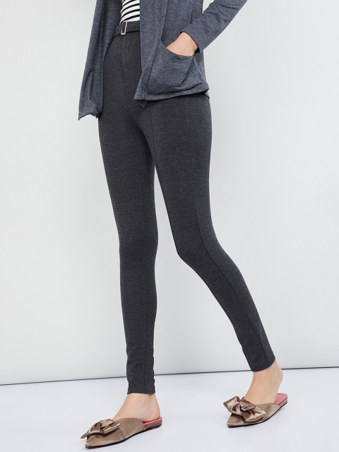 

max Women Charcoal Grey Self-Design Skinny-Fit Treggings