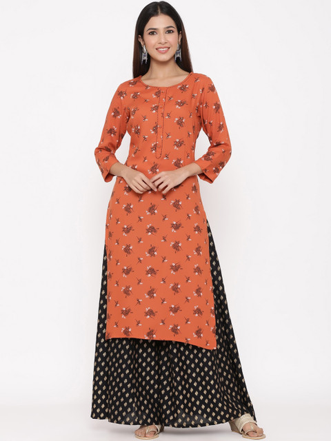 

Juniper Women Rust & Black Printed Straight Kurta