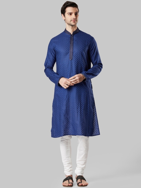Ethnix by Raymond Men Blue Woven Design Straight Kurta