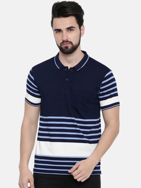 

IMYOUNG Men Navy Blue & White Striped Polo Collar T-shirt