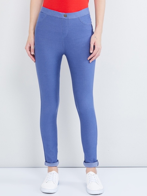 

max Women Blue Solid Skinny-Fit Jeggings