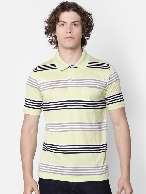 

IMYOUNG Men Green Striped Polo Collar T-shirt