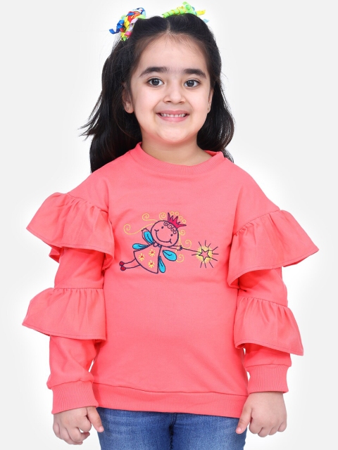 

LilPicks Girls Coral Pink Embroidered Sweatshirt