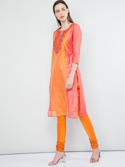 

max Women Coral Pink & Orange Embroidered Kurta with Churidar & Dupatta