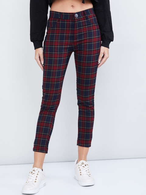 

max Women Black & Red Slim Fit Checked Regular Trousers