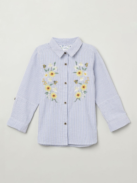 

max Girls Blue & Yellow Regular Fit Floral Embroidered Casual Shirt